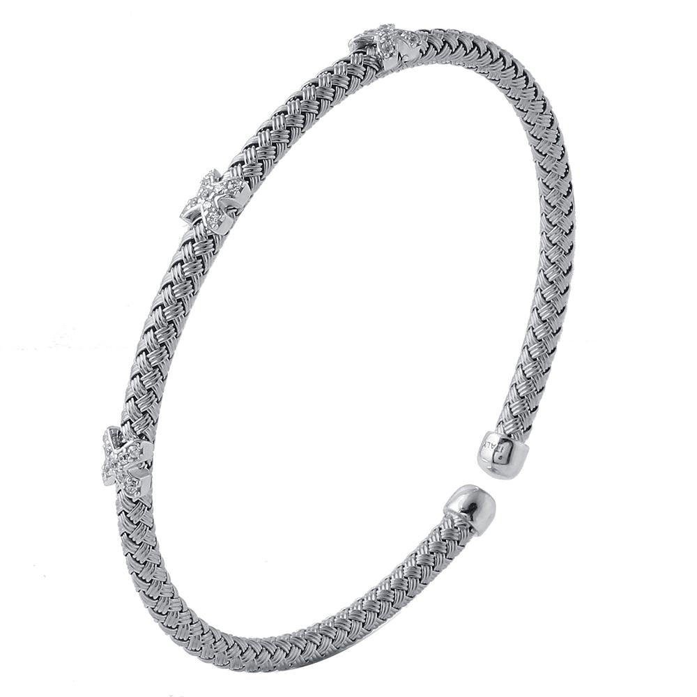 Sterling Silver 4mm Mesh Cuff with CZ, Rhodium Finish