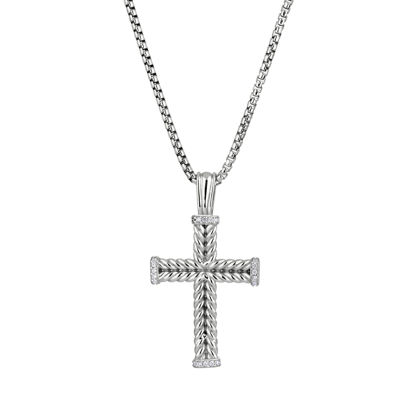 Silver Braided Cross with Simulated Diamond Ends
