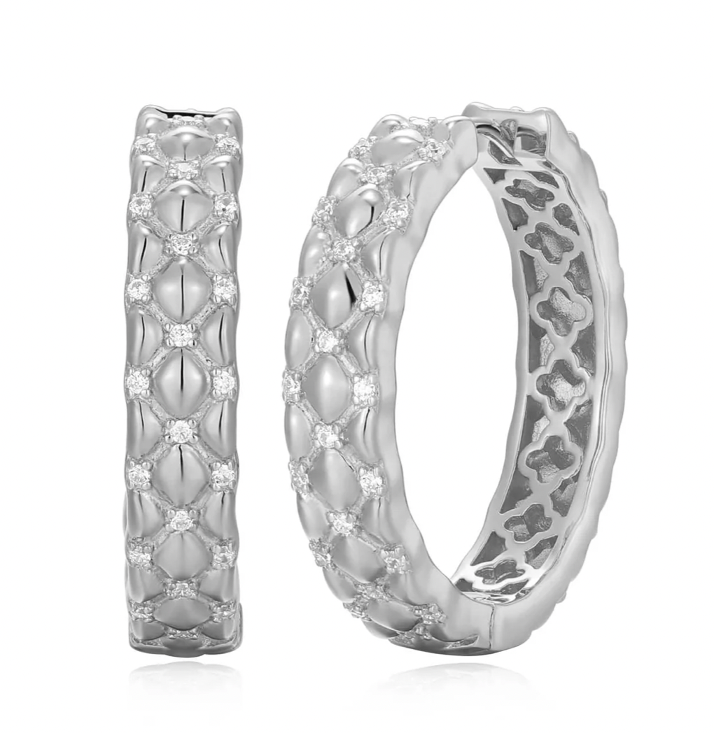 Sterling Silver Quilted 25mm CZ Hoops
