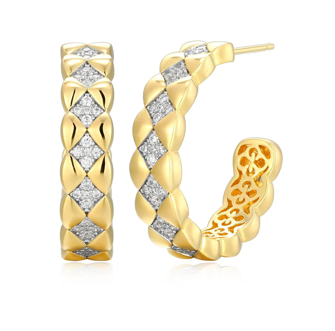 Quilted Yellow Gold Plated CZ Hoops