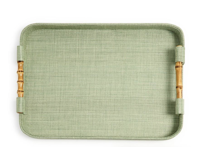 Monaco Green Faux Seagrass Rectangle Trays w/ Oval Corner & Bamboo Handles-SM