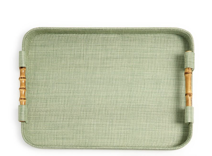 Monaco Green Faux Seagrass Rectangle Trays w/ Oval Corner & Bamboo Handles-LG