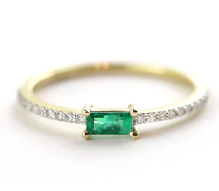 14kt YG 1.41gr .25tcw Emerald Baguette and .15 tcw Stack Ring
