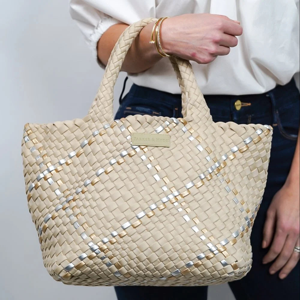 Beige Metallic Classic Woven Tote