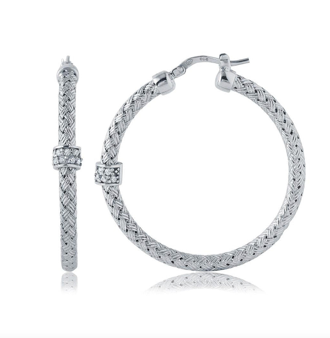 Sterling Silver 35mm Mesh CZ Hoop Earrings
