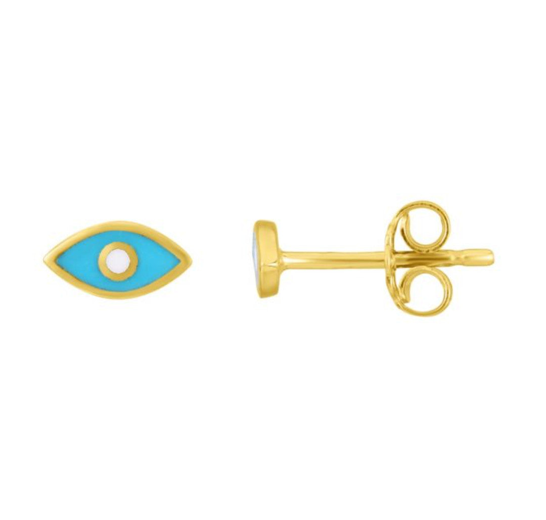 14K Gold Evil Eye Blue Enamel Stud Earring