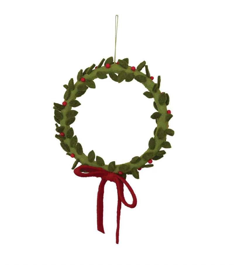 12" Round Wool Felt Wreath w/ Berries and Velvet Bow
