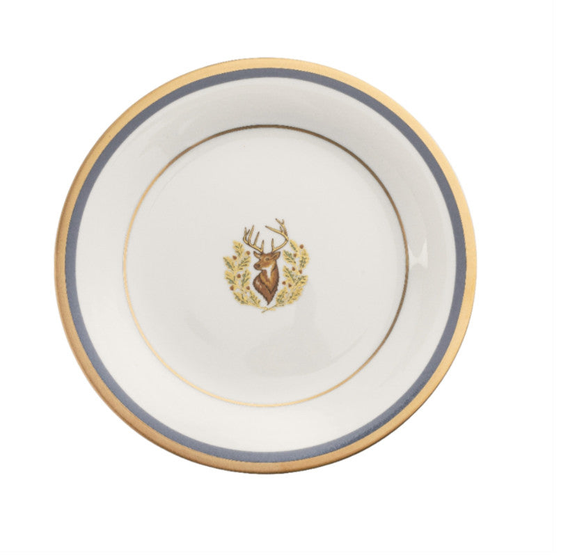 Charlotte Moss Stag White Motif Bread & Butter Gold & Gray-Blue Band
