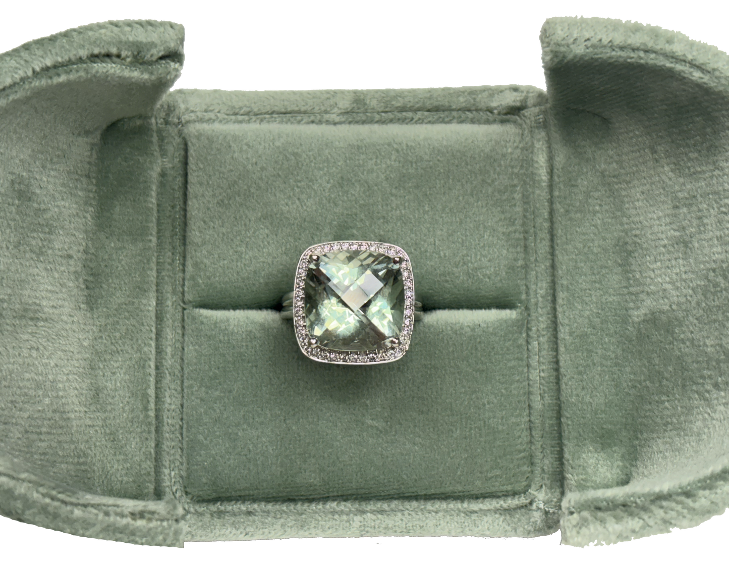 14k WG 10ct Checkerboard Cushion Prasiolite Amethyst &.2 tow Diamond 9.4g