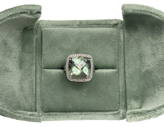 14k WG 10ct Checkerboard Cushion Prasiolite Amethyst &.2 tow Diamond 9.4g