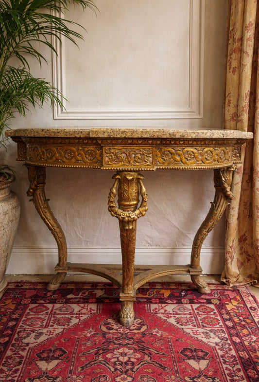 Antique Neoclassical Giltwood & Marble Console Table with Hoof Feet