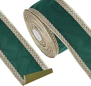 4" X 10 YDS GREEN WITH GOLD EDGE WIRED VELVET RIBBON