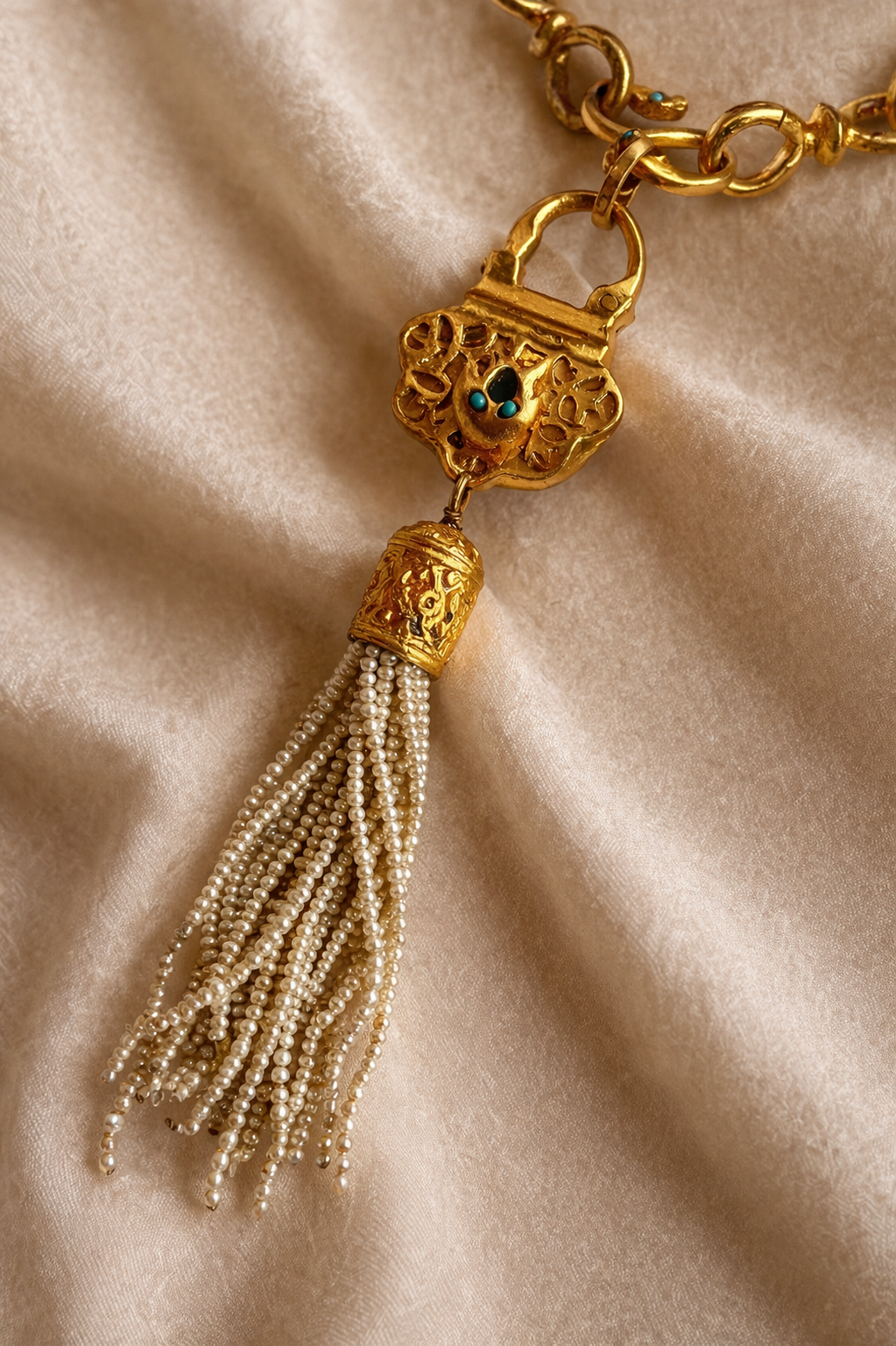 “Vintage Byzantine Revival Statement Necklace with Seed Pearl Tassel”