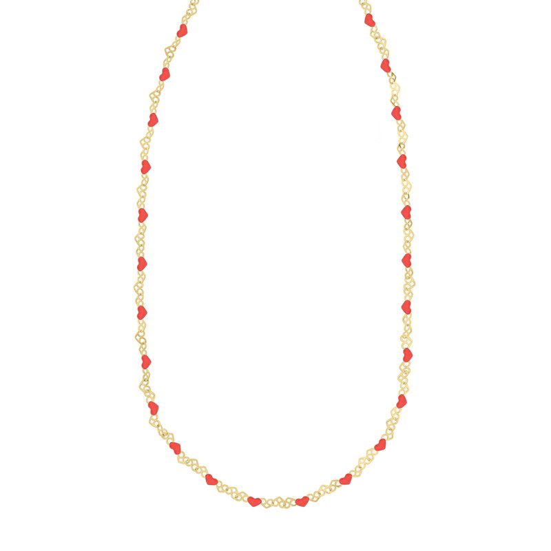 Gold Over Silver Enamel Red Hearts Chain Necklace