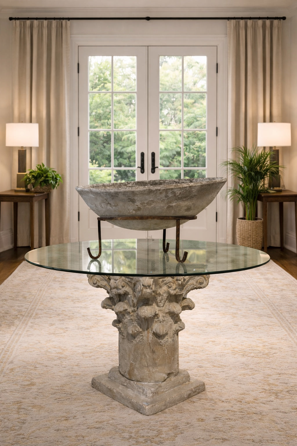 Carved Stone Pedestal Base with Round Glass Top