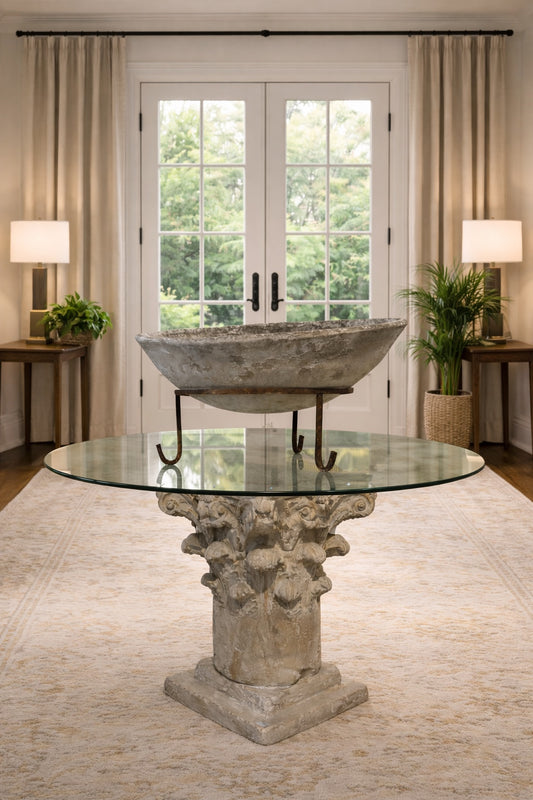 Carved Stone Pedestal Base with Round Glass Top