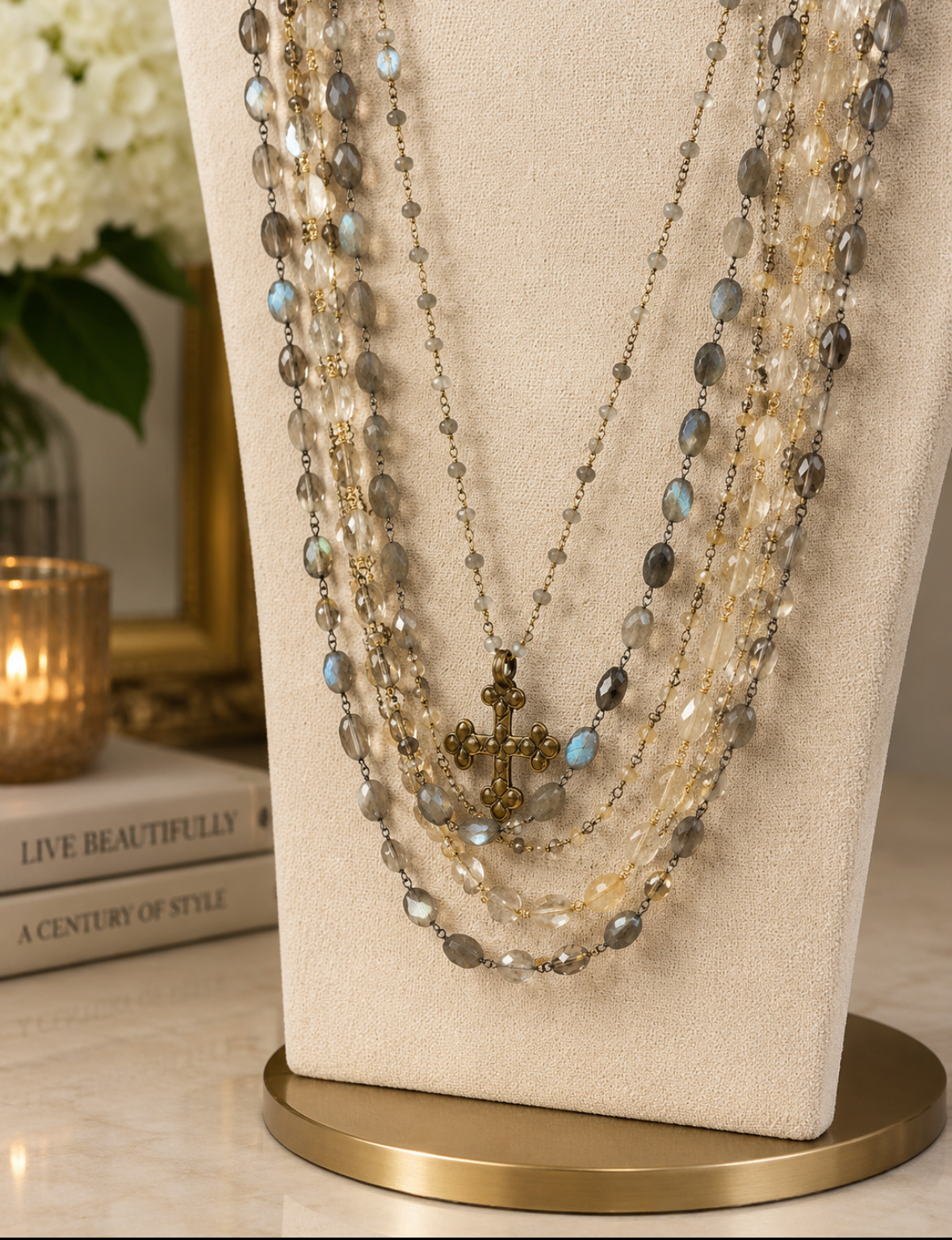 Multi-Strand Labradorite & Citrine Cross Necklace
