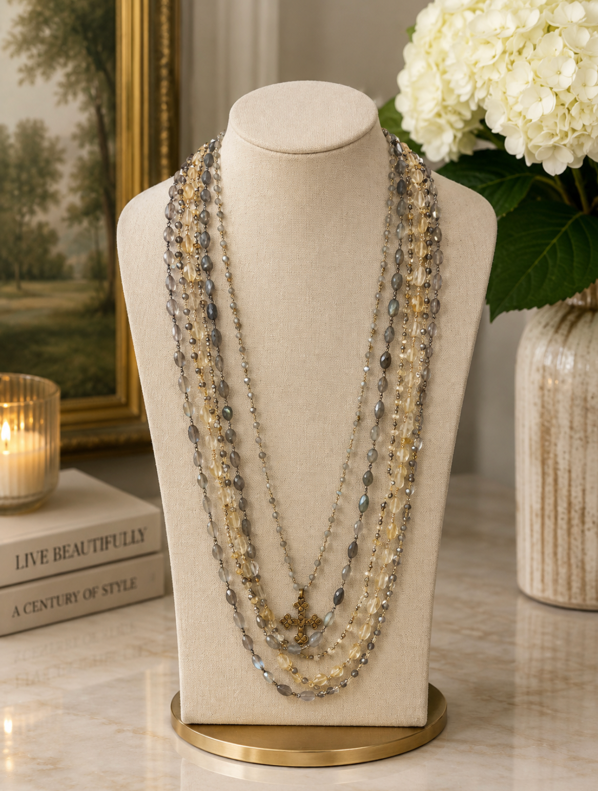 Multi-Strand Labradorite & Citrine Cross Necklace