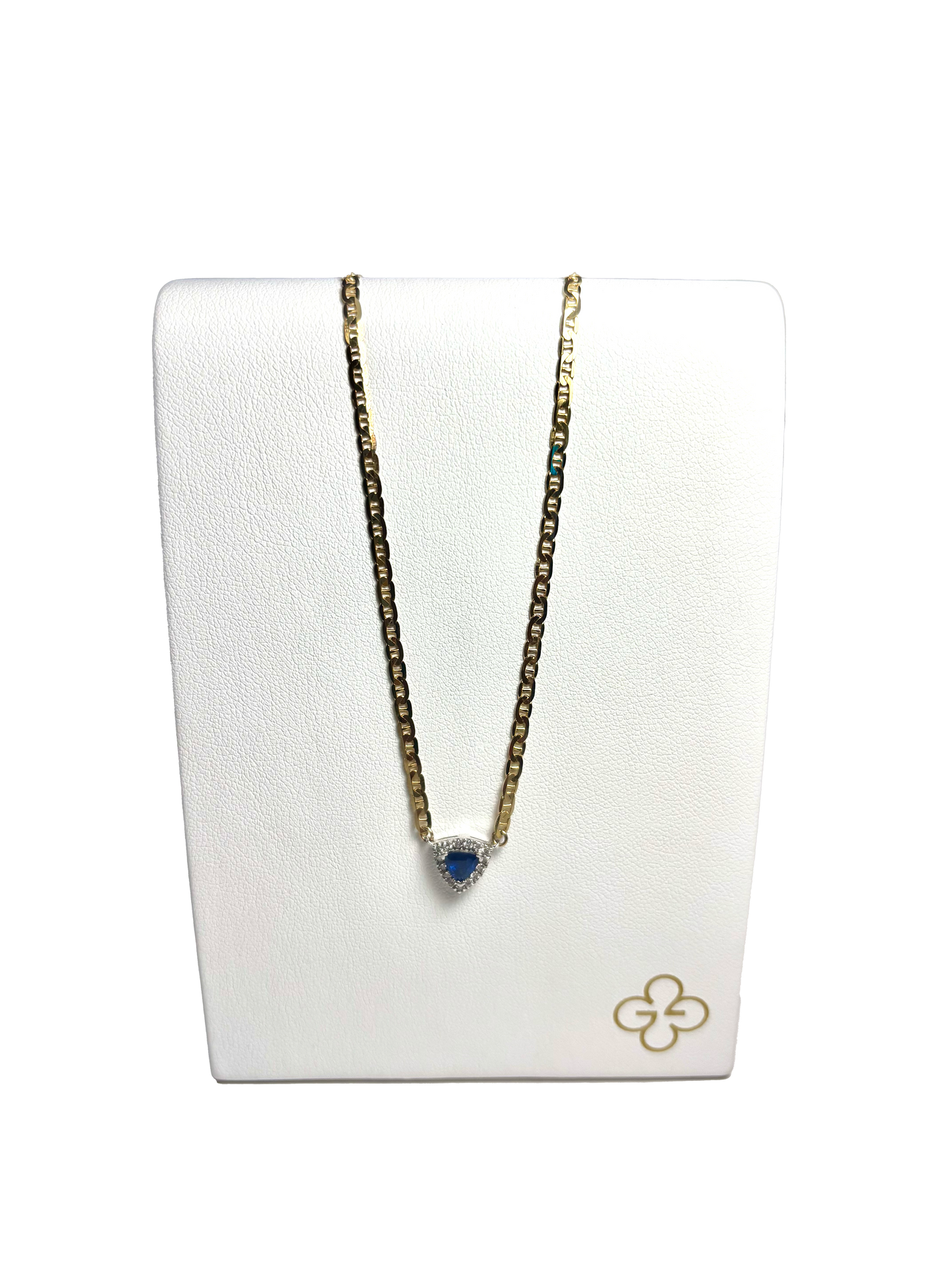 16 in 2.25mm Curbed Anchor Chain 14kt YG and Triangle Sapphire with Diamond Halo Necklace