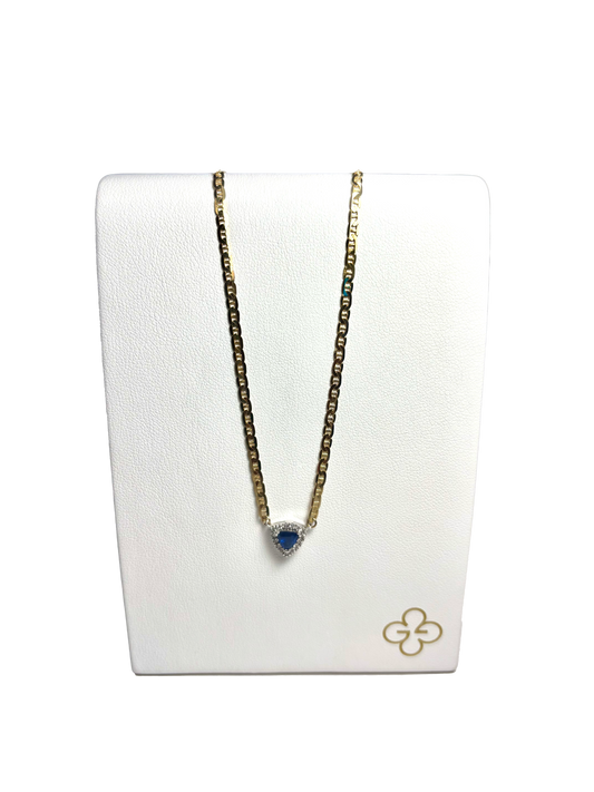 16 in 2.25mm Curbed Anchor Chain 14kt YG and Triangle Sapphire with Diamond Halo Necklace