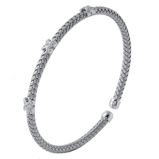 Sterling Silver 4mm Mesh Cuff with CZ, Rhodium Finish