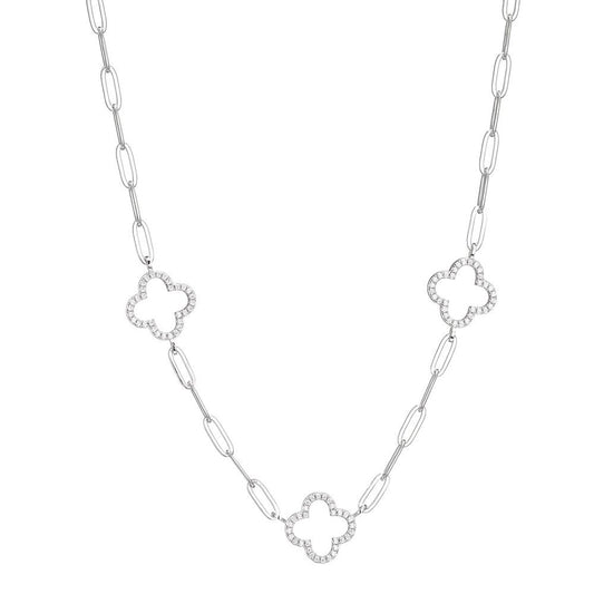 Sterling Silver Necklace made with Paperclip Chain and 3 CZ Clover Stations