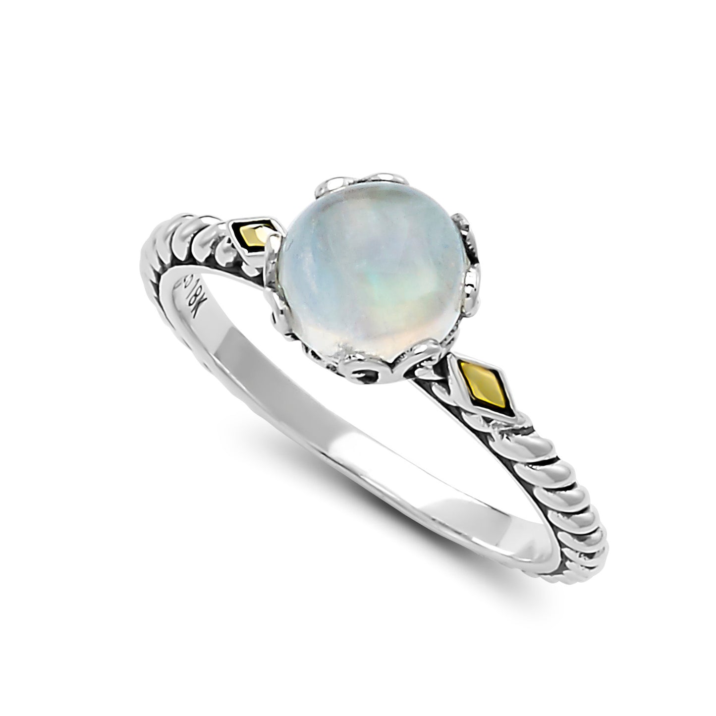 SS/18K Crisscross Rainbow Moonstone Ring