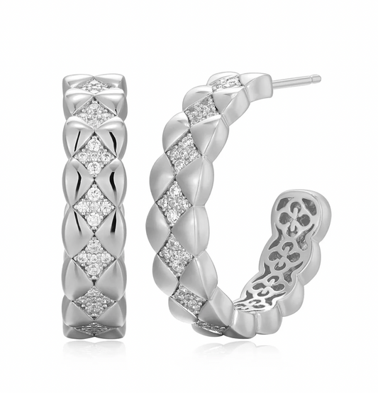 Quilted Sterling Silver CZ Hoops