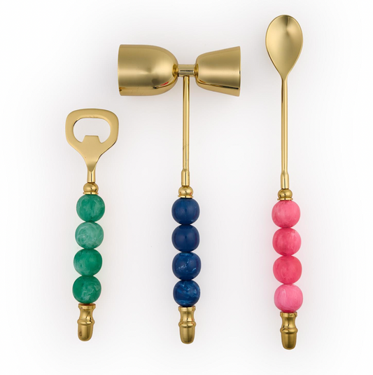 3-piece bar set includes bottle opener, spoon, and jiggerBright, colorful design adds personality to barware essentialsMade from stainless steel, brass, aluminum, and resin for durabilityHand wash only to preserve finish and quality