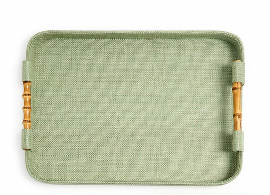 Monaco Green Faux Seagrass Rectangle Trays w/ Oval Corner & Bamboo Handles-SM
