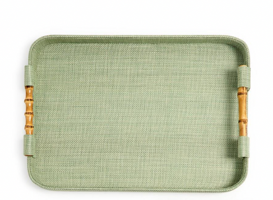 Monaco Green Faux Seagrass Rectangle Trays w/ Oval Corner & Bamboo Handles-LG