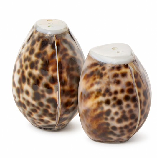 Tiger Cowrie Salt and Pepper Shaker Set in Natural Jute Pouch