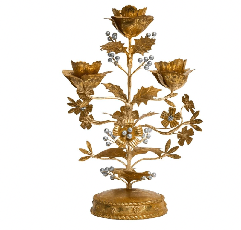 Forest Walk Holly 13" Centerpiece Candelabra - Gold/Silver
