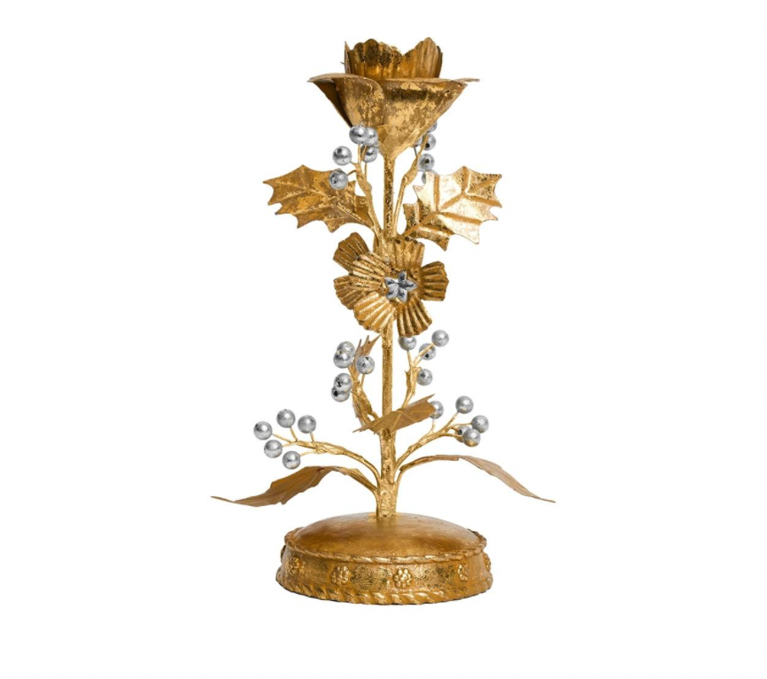 Forest Walk Holly 9" Candlestick - Gold/Silver