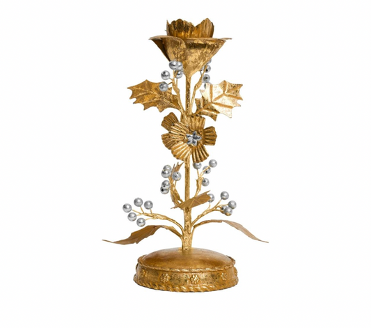 Forest Walk Holly 9" Candlestick - Gold/Silver
