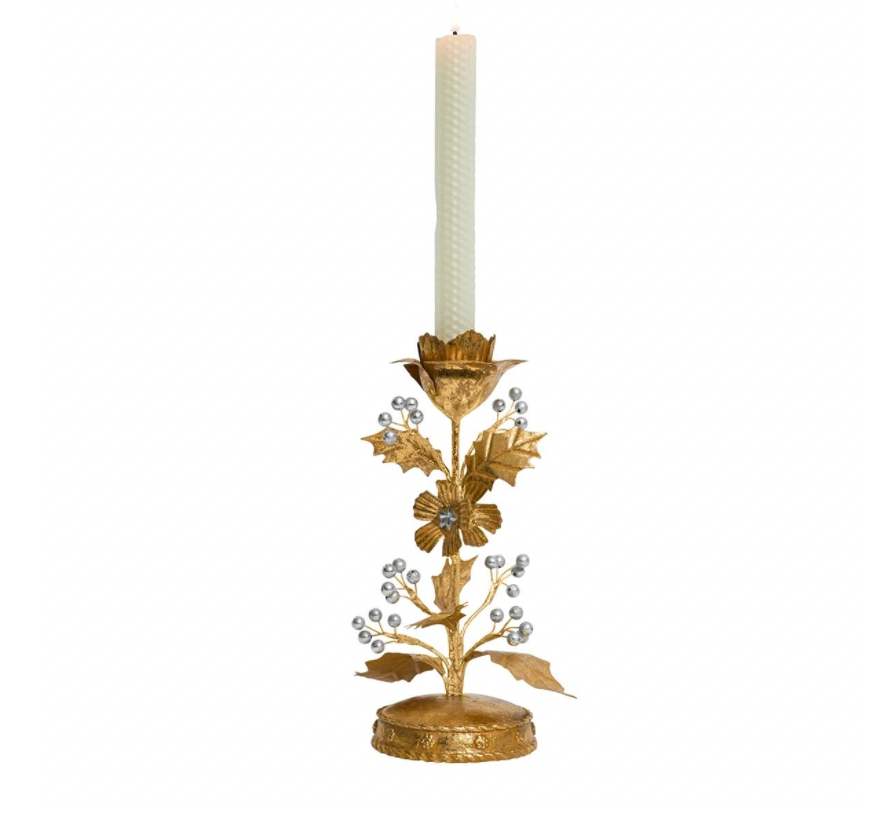 Forest Walk Holly 9" Candlestick - Gold/Silver