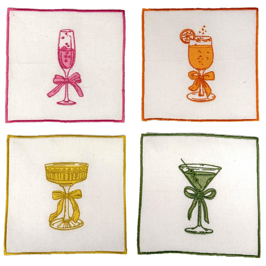 Cheers Set of 4 Embroidered Cocktail Napkins w/Merrow-Stitch Border