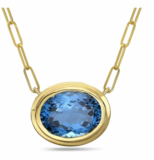 14KY Large Oval Blue Topaz Necklace