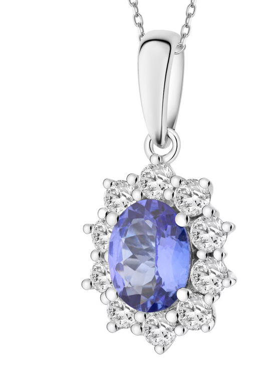 Platinum .83TCW Oval Tanzanite and .31TCW Diamond Necklace 6.6G 16in