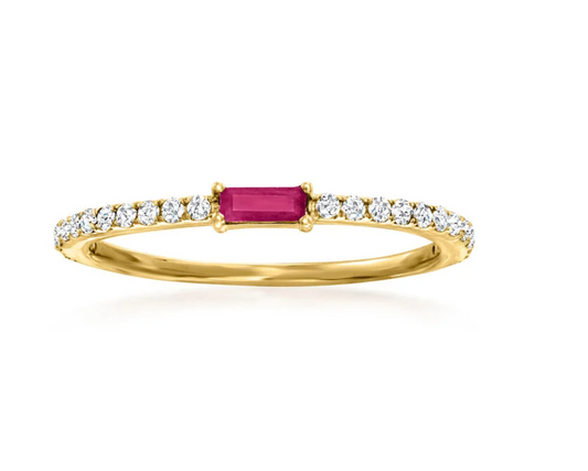 14kt YG 1.48gr .25 Ruby Baguette and .15 tcw Stack Ring, Sz7