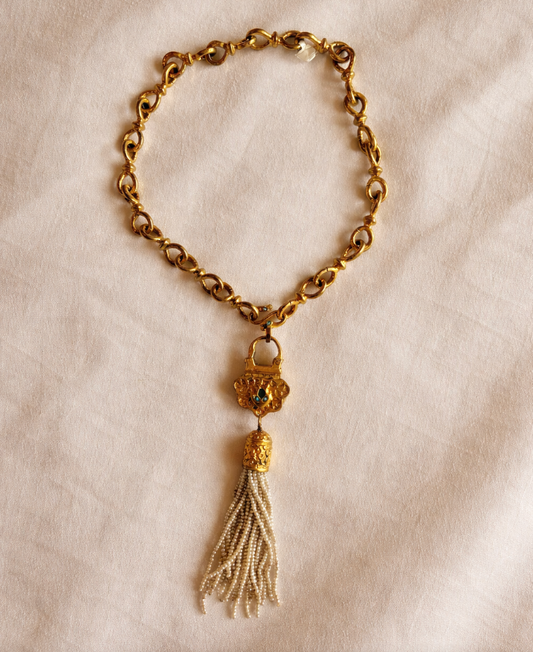 “Vintage Byzantine Revival Statement Necklace with Seed Pearl Tassel”
