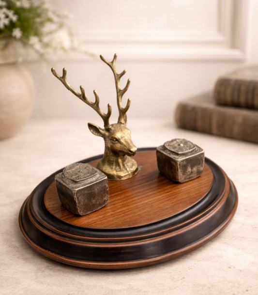 Antique Brass Stag Head Double Inkwell on Ebonized Wood Stand