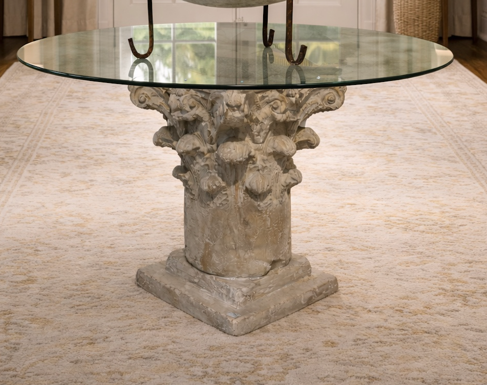 Carved Stone Pedestal Base with Round Glass Top
