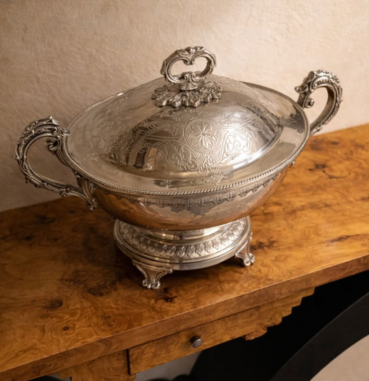 Antique Engraved Silverplate Tureen with Pedestal Base