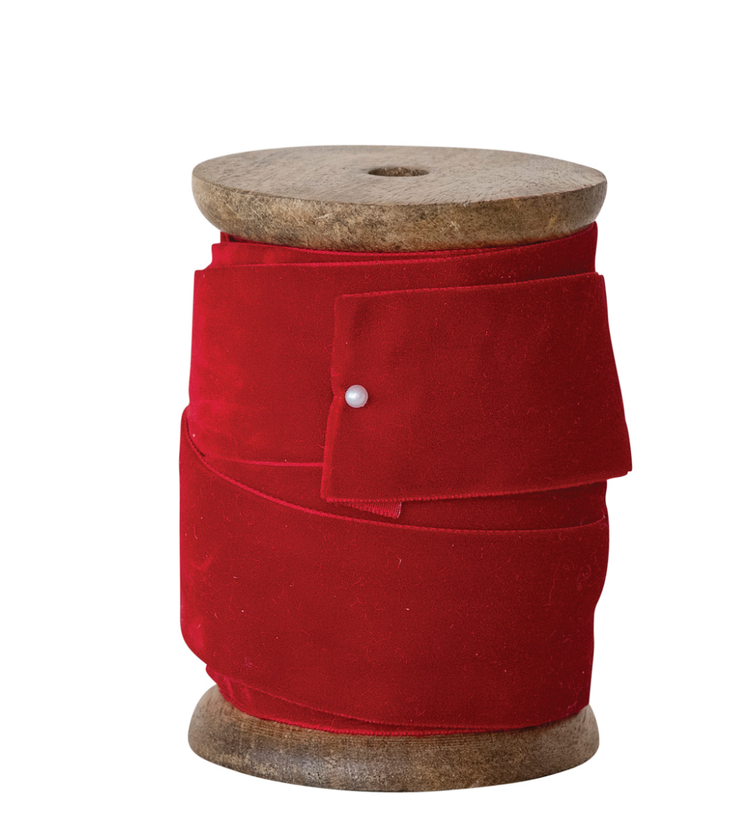 5 Yard 1-1/2"W Velvet Ribbon on Wood Spool, Red