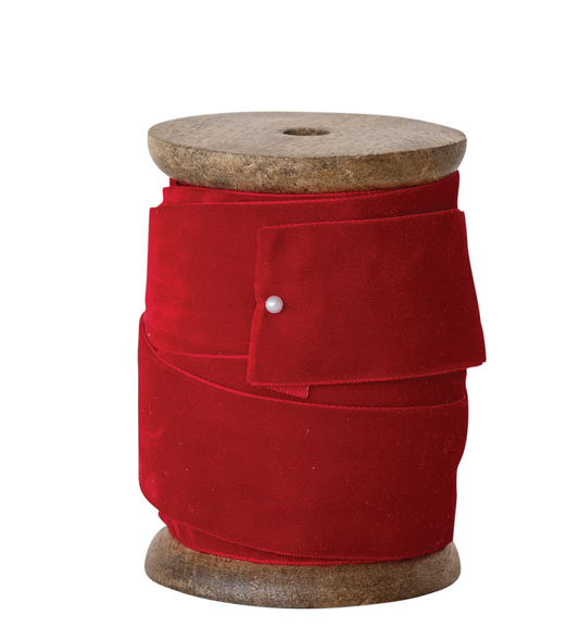 5 Yard 1-1/2"W Velvet Ribbon on Wood Spool, Red