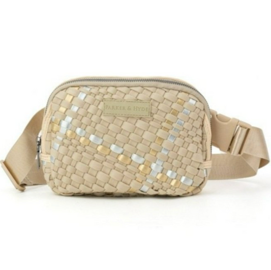 Woven Belt Bag in Beige Metallic