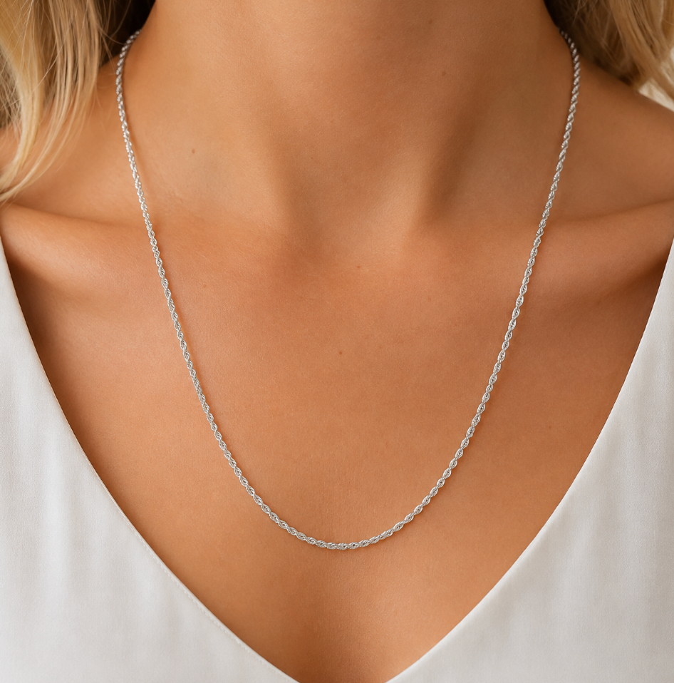 Rhodium-Plated Sterling Silver 1.3 mm Diamond-Cut Rope 24" Chain