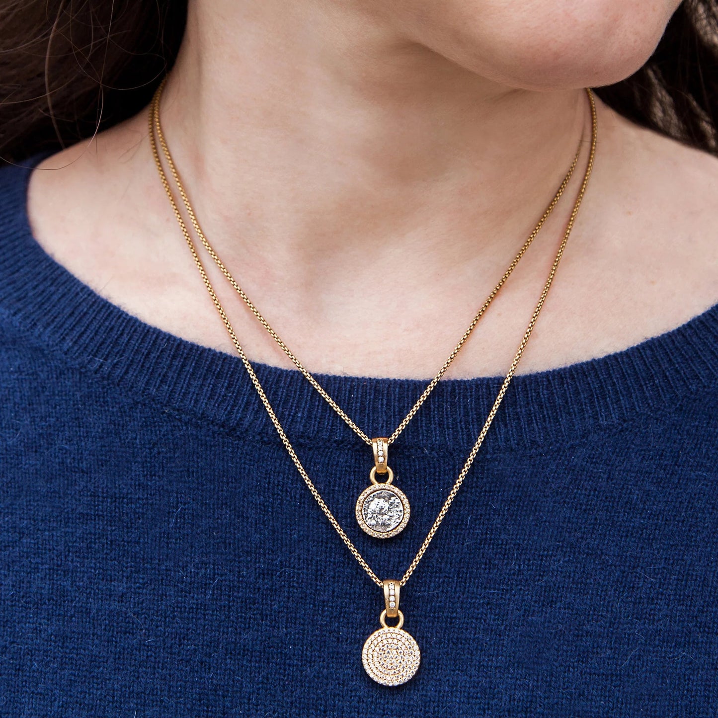 Gold Frame, Bale & Chain/ VS Coin/ BD pave Necklace