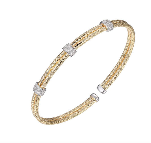 3 Station CZ Sterling Silver 2mm Double Mesh Cuff w/ 18K Yellow Gold Finish